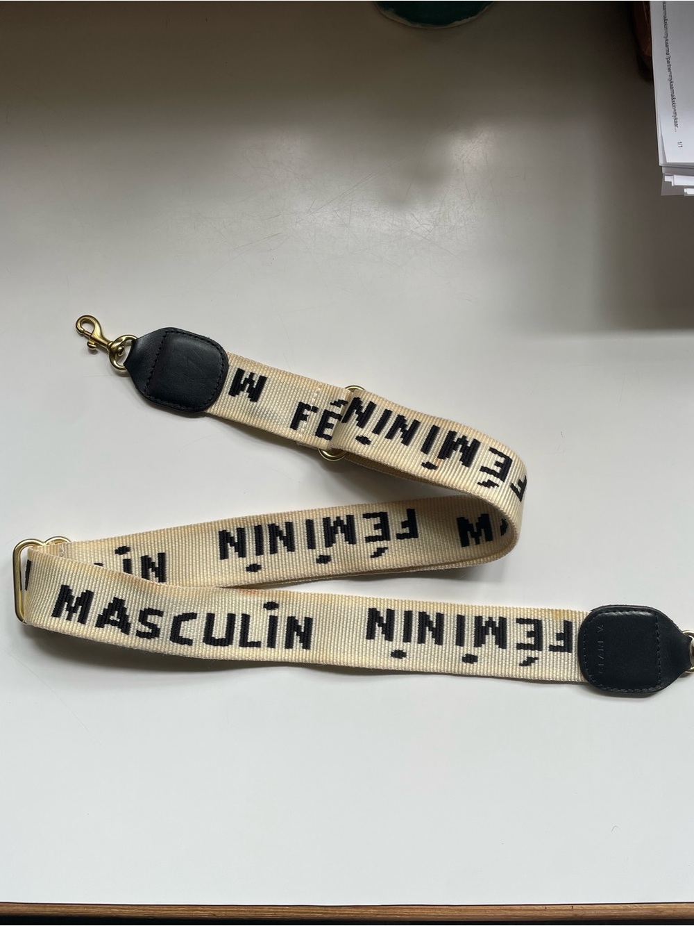 FEMININ MASCULIN Canvas Crossbody Strap - Cream with Black Text